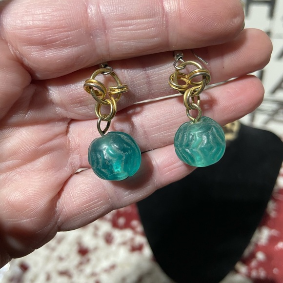 Two-Tone Transparent Blue Green Glass Pierced Drop Earrings - Picture 3 of 3